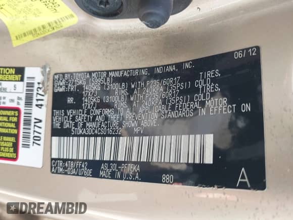 2012 Toyota Sienna с VIN 5TDKA3DC4CS016232, выставлен на аукционе IAAI как лот 42962345 с пробегом 228 513 миль миль и . История ставок и продаж доступна на DreamBid. Изображение 9.