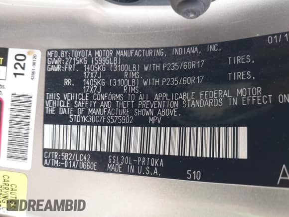 2015 Toyota Sienna XLE with VIN 5TDYK3DC7FS575902, listed as a IAAI auction lot 43337649 with 200,237 mi miles and . Bid and sale history available at DreamBid. Image 9.