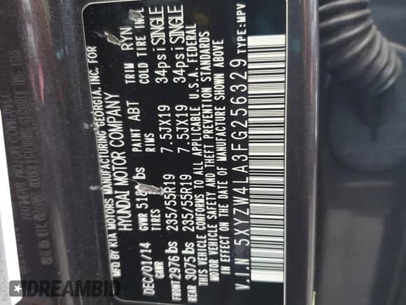 2015 Hyundai Santa Fe with VIN 5XYZW4LA3FG256329, listed as a Copart auction lot 66890075 with Not provided miles and Salvage title. Bid and sale history available at DreamBid. Image 13.