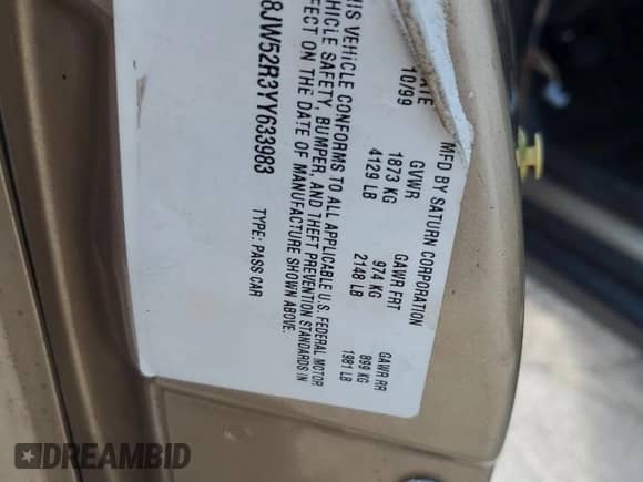 2000 Saturn LS с VIN 1G8JW52R3YY633983, выставлен на аукционе Copart как лот 70286574 с пробегом Не указан миль и Списание • Salvage title. История ставок и продаж доступна на DreamBid. Изображение 13.