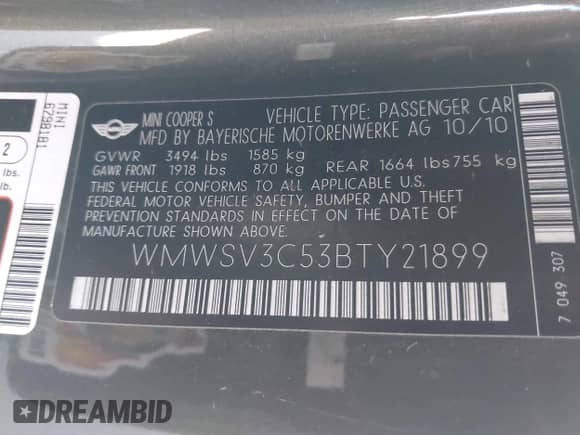 2011 MINI Hardtop S с VIN WMWSV3C53BTY21899, выставлен на аукционе IAAI как лот 43513791 с пробегом 106 098 миль миль и . История ставок и продаж доступна на DreamBid. Изображение 9.