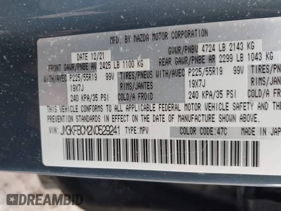 2022 Mazda CX-5 S Carbon Edition z VIN JM3KFBCM2N0529241, wystawiony jako IAAI lot #41708100 z przebiegiem 24 139 mil mil oraz . Historia ofert i sprzedaży dostępna na DreamBid. Obrazek 9.