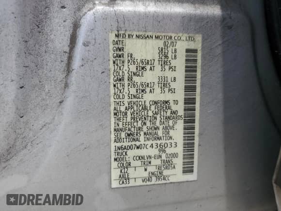 2007 Nissan Frontier LE with VIN 1N6AD07W07C436033, listed as a Copart auction lot 61941775 with 177,304 mi miles and Salvage title. Bid and sale history available at DreamBid. Image 13.