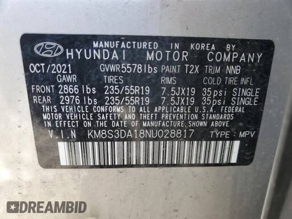 2022 Hyundai Santa Fe SEL Premium with VIN KM8S3DA18NU028817, listed as a Copart auction lot 81138495 with 42,106 mi miles and Salvage title. Bid and sale history available at DreamBid. Image 13.