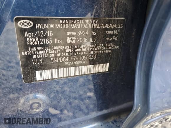 2017 Hyundai Elantra Limited с VIN 5NPD84LF7HH056033, выставлен на аукционе Copart как лот 70494785 с пробегом 79 652 миль миль и Списание • Salvage title. История ставок и продаж доступна на DreamBid. Изображение 13.