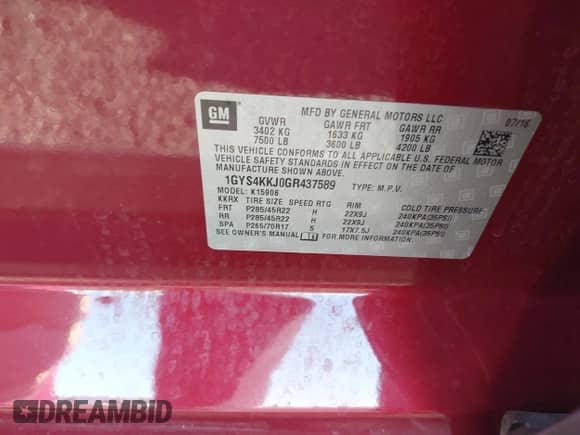 2016 Cadillac Escalade ESV Platinum с VIN 1GYS4KKJ0GR437589, выставлен на аукционе IAAI как лот 41861303 с пробегом 62 420 миль миль и . История ставок и продаж доступна на DreamBid. Изображение 9.