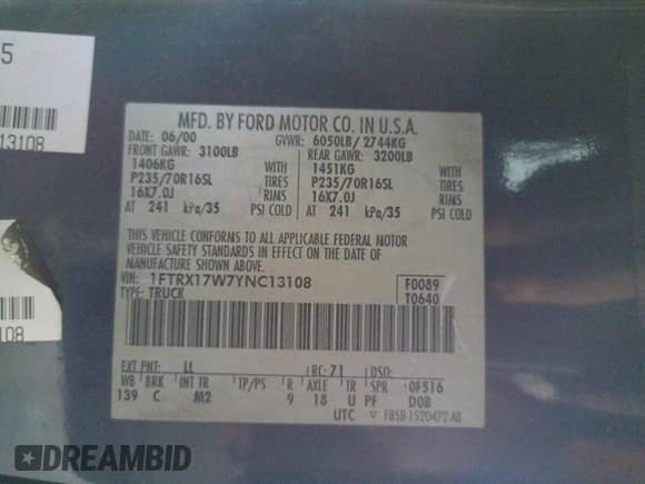 2000 Ford F-150 XL z VIN 1FTRX17W7YNC13108, wystawiony jako Copart lot #38449143 z przebiegiem 128 350 mil mil oraz Czysty tytuł • Clean title. Historia ofert i sprzedaży dostępna na DreamBid. Obrazek 12.