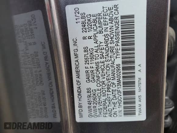 2021 Honda Accord with VIN 1HGCV3F13MA002956, listed as a Copart auction lot 80010315 with 46,196 mi miles and Salvage title. Bid and sale history available at DreamBid. Image 12.