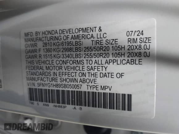 2025 Honda Pilot Elite с VIN 5FNYG1H89SB050057, выставлен на аукционе IAAI как лот 43267800 с пробегом 20 247 миль миль и . История ставок и продаж доступна на DreamBid. Изображение 9.