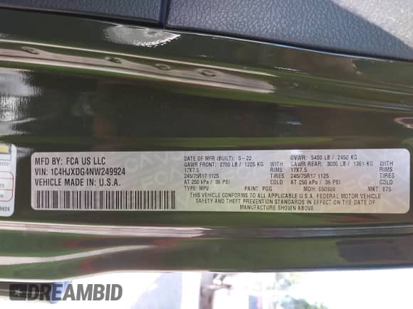 2022 Jeep Wrangler Unlimited Sport S with VIN 1C4HJXDG4NW249924, listed as a IAAI auction lot 43383160 with 43,361 mi miles and . Bid and sale history available at DreamBid. Image 9.