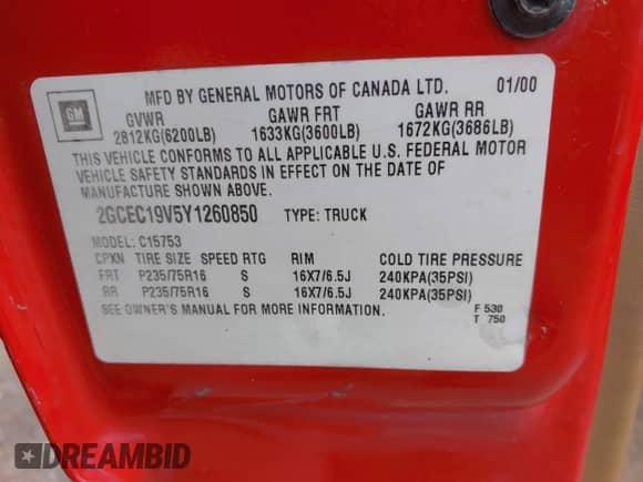 2000 Chevrolet Silverado 1500 with VIN 2GCEC19V5Y1260850, listed as a IAAI auction lot 42733389 with 263,427 mi miles and . Bid and sale history available at DreamBid. Image 9.