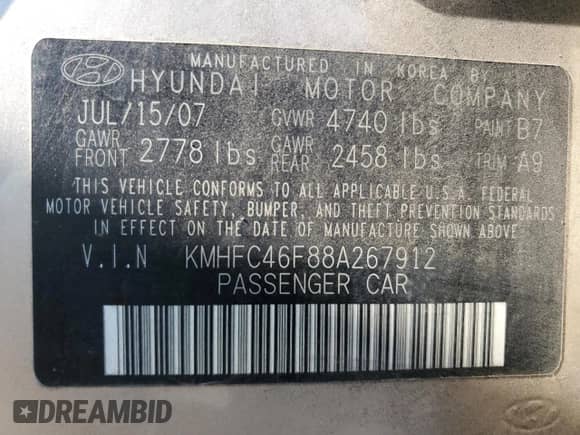2008 Hyundai Azera Limited z VIN KMHFC46F88A267912, wystawiony jako Copart lot #44021575 z przebiegiem 165 904 mil mil oraz Szkoda całkowita • Salvage title. Historia ofert i sprzedaży dostępna na DreamBid. Obrazek 14.