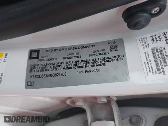 2019 Chevrolet Spark LT с VIN KL8CD6SA4KC821803, выставлен на аукционе IAAI как лот 42359340 с пробегом 125 741 миль миль и . История ставок и продаж доступна на DreamBid. Изображение 9.