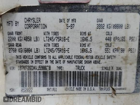 1997 Dodge RAM with VIN 1B7KF26DXVJ598628, listed as a Copart auction lot 70559844 with Not provided miles and Clean title. Bid and sale history available at DreamBid. Image 13.