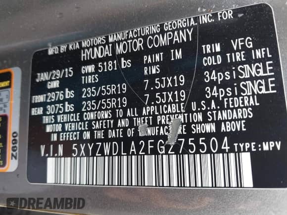 2015 Hyundai Santa Fe with VIN 5XYZWDLA2FG275504, listed as a IAAI auction lot 43030496 with 93,414 mi miles and . Bid and sale history available at DreamBid. Image 9.