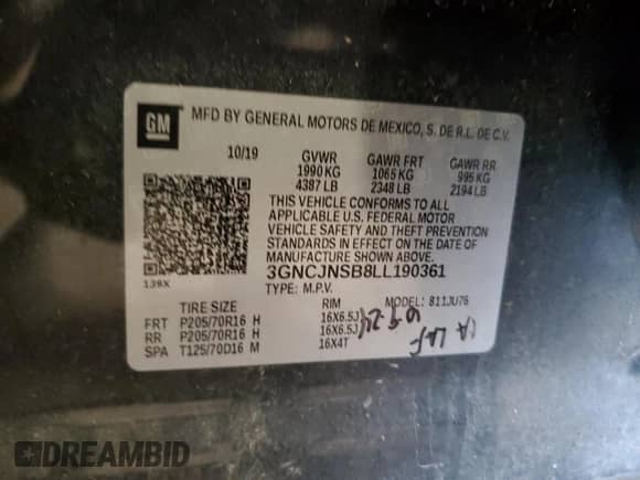 2020 Chevrolet Trax LS z VIN 3GNCJNSB8LL190361, wystawiony jako Copart lot #64988875 z przebiegiem 62 521 mil mil oraz Nie do naprawy • Non repairable. Historia ofert i sprzedaży dostępna na DreamBid. Obrazek 13.