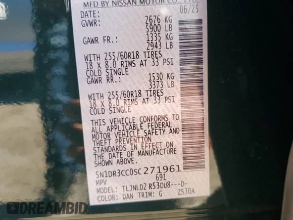 2025 Nissan Pathfinder SL with VIN 5N1DR3CC0SC271961, listed as a Copart auction lot 71958935 with 934 mi miles and Salvage title. Bid and sale history available at DreamBid. Image 13.