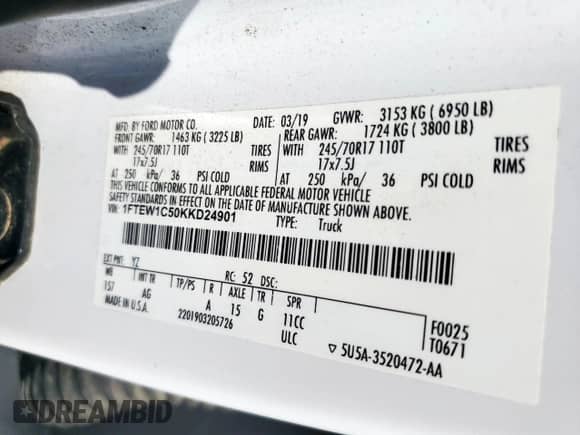 2019 Ford F-150 XL with VIN 1FTEW1C50KKD24901, listed as a Copart auction lot 84239865 with 133,814 mi miles and Salvage title. Bid and sale history available at DreamBid. Image 12.