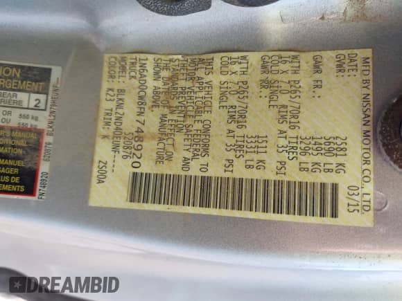 2015 Nissan Frontier SV with VIN 1N6AD0CW8FN748920, listed as a IAAI auction lot 43403794 with 178,000 mi miles and . Bid and sale history available at DreamBid. Image 9.