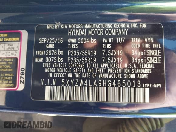 2017 Hyundai Santa Fe Ultimate z VIN 5XYZW4LA9HG465013, wystawiony jako IAAI lot #43346270 z przebiegiem 171 145 mil mil oraz . Historia ofert i sprzedaży dostępna na DreamBid. Obrazek 9.