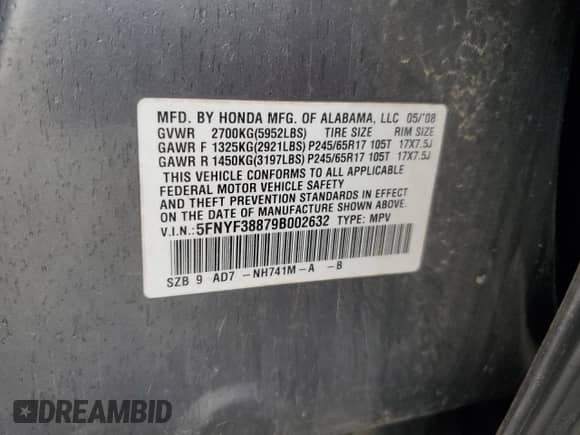 2009 Honda Pilot Touring with VIN 5FNYF38879B002632, listed as a Copart auction lot 82134795 with Not provided miles and Salvage title. Bid and sale history available at DreamBid. Image 14.