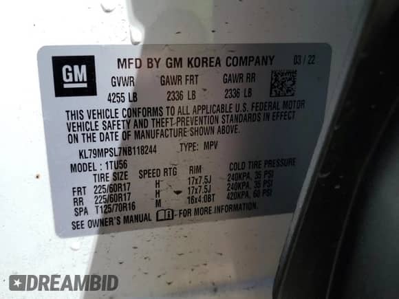 2022 Chevrolet TrailBlazer LT with VIN KL79MPSL7NB118244, listed as a Copart auction lot 70562705 with 54,758 mi miles and Salvage title. Bid and sale history available at DreamBid. Image 13.