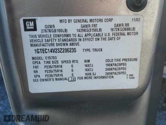 2003 GMC Sierra 1500 SLE с VIN 1GTEC14V23Z206235, выставлен на аукционе Copart как лот 69320094 с пробегом 132 111 миль миль и Списание • Salvage title. История ставок и продаж доступна на DreamBid. Изображение 12.