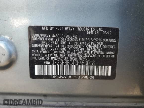 2012 Subaru Forester X z VIN JF2SHBBC4CH450018, wystawiony jako Copart lot #84604795 z przebiegiem 113 769 mil mil oraz Szkoda całkowita • Salvage title. Historia ofert i sprzedaży dostępna na DreamBid. Obrazek 13.