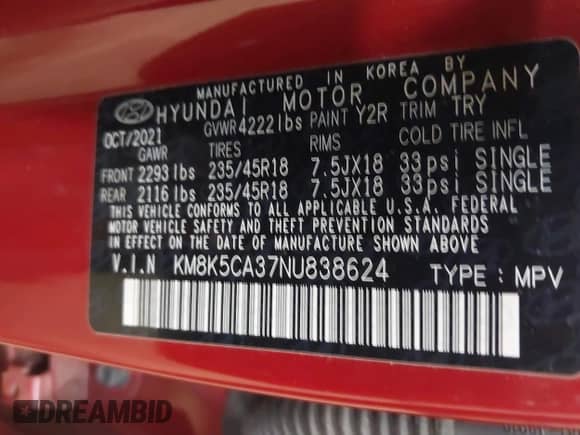 2022 Hyundai Kona Limited z VIN KM8K5CA37NU838624, wystawiony jako IAAI lot #42856505 z przebiegiem 55 013 mil mil oraz . Historia ofert i sprzedaży dostępna na DreamBid. Obrazek 9.