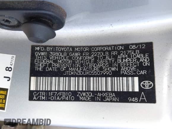 2012 Toyota Prius One with VIN JTDKN3DUXC5507990, listed as a IAAI auction lot 42207854 with 118,068 mi miles and . Bid and sale history available at DreamBid. Image 9.
