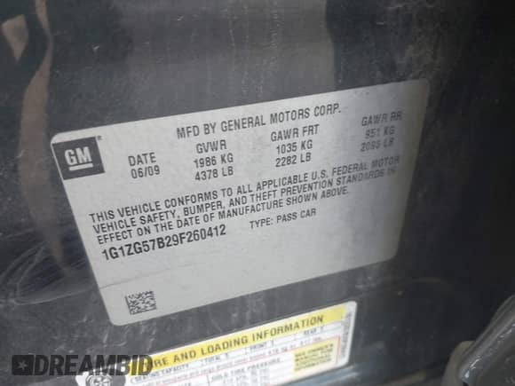 2009 Chevrolet Malibu 1FL z VIN 1G1ZG57B29F260412, wystawiony jako IAAI lot #42683666 z przebiegiem 155 871 mil mil oraz . Historia ofert i sprzedaży dostępna na DreamBid. Obrazek 9.