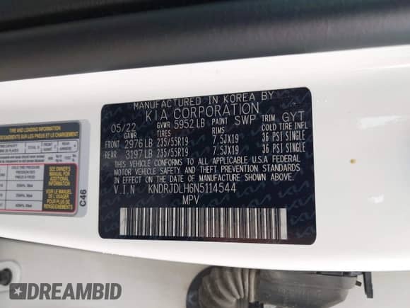 2022 Kia Sorento SX with VIN KNDRJDLH6N5114544, listed as a IAAI auction lot 42538925 with 45,002 mi miles and . Bid and sale history available at DreamBid. Image 9.