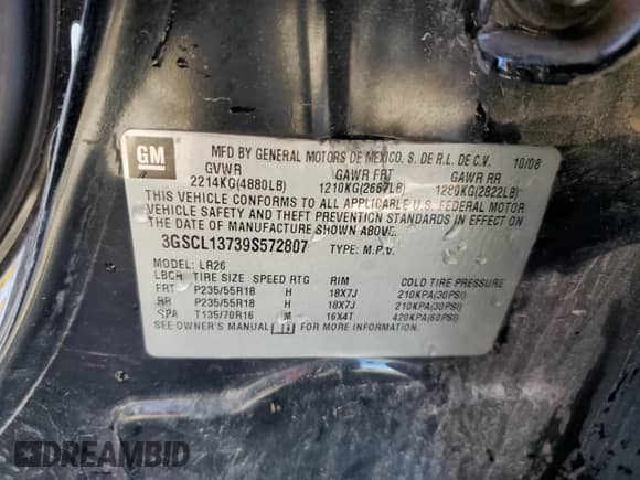 2009 Saturn VUE Red Line with VIN 3GSCL13739S572807, listed as a Copart auction lot 49567934 with 210,789 mi miles and Salvage title. Bid and sale history available at DreamBid. Image 12.