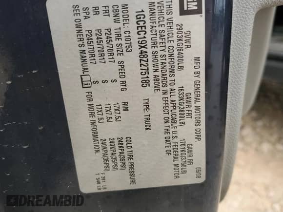 2008 Chevrolet Silverado 1500 Work Truck with VIN 1GCEC19X48Z275185, listed as a Copart auction lot 57486495 with Not provided miles and Non repairable. Bid and sale history available at DreamBid. Image 12.