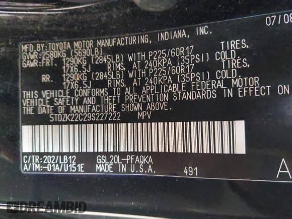 2009 Toyota Sienna XLE with VIN 5TDZK22C29S227222, listed as a IAAI auction lot 42484614 with 241,703 mi miles and . Bid and sale history available at DreamBid. Image 9.