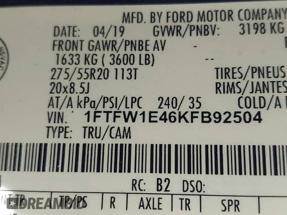 2019 Ford F-150 XLT with VIN 1FTFW1E46KFB92504, listed as a IAAI auction lot 43063673 with 145,773 mi miles and . Bid and sale history available at DreamBid. Image 9.