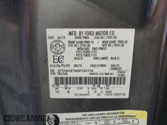 2013 Ford F-150 XL z VIN 1FTFW1ET6DFC91110, wystawiony jako Copart lot #85163285 z przebiegiem 201 991 mil mil oraz Czysty tytuł • Clean title. Historia ofert i sprzedaży dostępna na DreamBid. Obrazek 13.