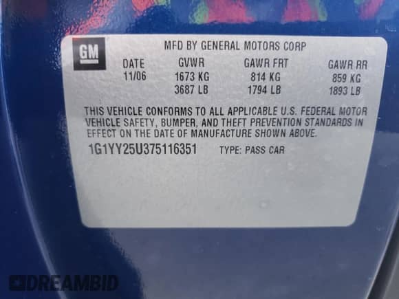 2007 Chevrolet Corvette with VIN 1G1YY25U375116351, listed as a Copart auction lot 80545194 with 82,273 mi miles and Salvage title. Bid and sale history available at DreamBid. Image 12.