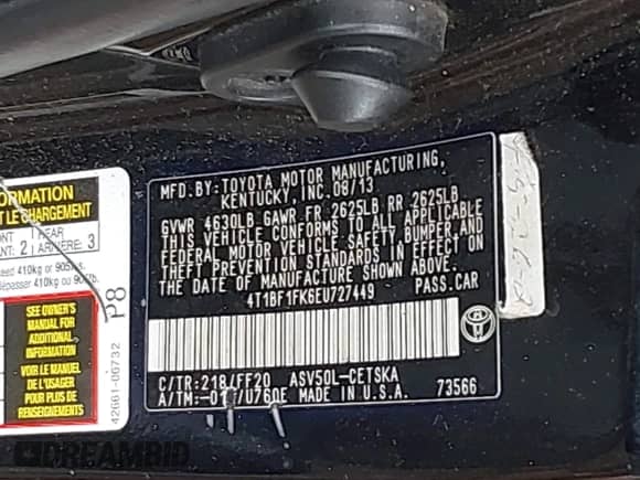 2014 Toyota Camry L with VIN 4T1BF1FK6EU727449, listed as a IAAI auction lot 43046975 with 238,474 mi miles and . Bid and sale history available at DreamBid. Image 9.