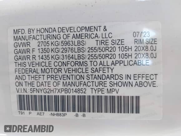 2023 Honda Pilot Touring с VIN 5FNYG2H7XPB014852, выставлен на аукционе IAAI как лот 42998684 с пробегом 22 642 миль миль и . История ставок и продаж доступна на DreamBid. Изображение 9.