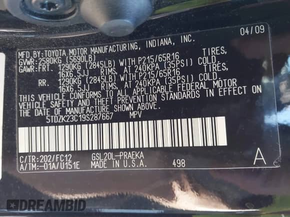 2009 Toyota Sienna LE с VIN 5TDZK23C19S287667, выставлен на аукционе IAAI как лот 43502639 с пробегом 177 908 миль миль и . История ставок и продаж доступна на DreamBid. Изображение 9.