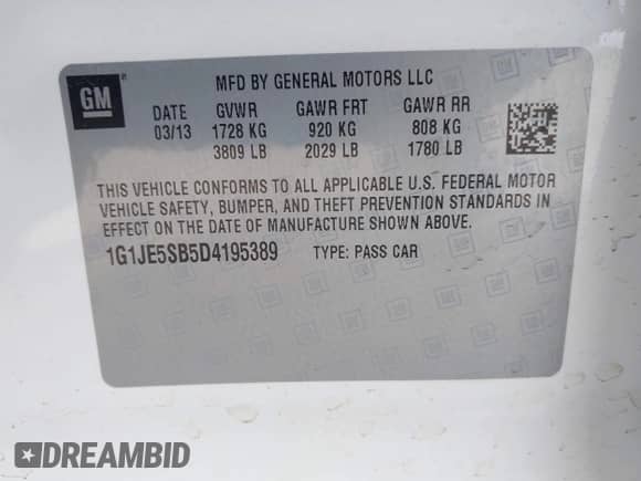 2013 Chevrolet Sonic LTZ with VIN 1G1JE5SB5D4195389, listed as a IAAI auction lot 42400418 with 27,607 mi miles and . Bid and sale history available at DreamBid. Image 9.