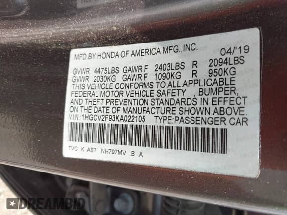 2019 Honda Accord Touring with VIN 1HGCV2F93KA022105, listed as a IAAI auction lot 42481791 with 41,940 mi miles and . Bid and sale history available at DreamBid. Image 9.