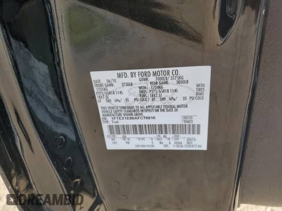 2010 Ford F-150 XL with VIN 1FTEX1E86AFC76610, listed as a Copart auction lot 86637975 with 161,843 mi miles and Salvage title. Bid and sale history available at DreamBid. Image 12.