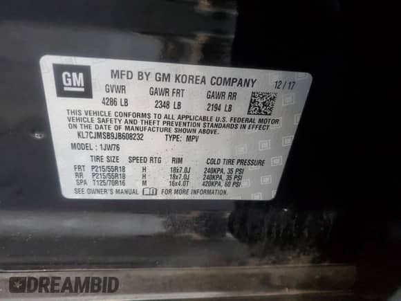 2018 Chevrolet Trax Premier with VIN KL7CJMSB9JB608232, listed as a Copart auction lot 85780505 with 226,655 mi miles and Salvage title. Bid and sale history available at DreamBid. Image 12.