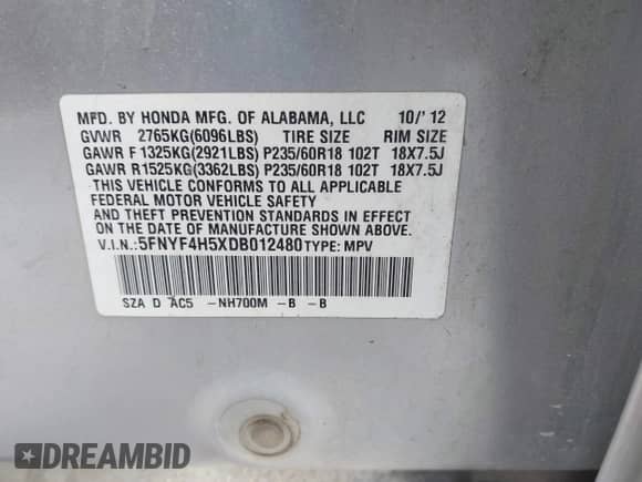 2013 Honda Pilot EX-L with VIN 5FNYF4H5XDB012480, listed as a IAAI auction lot 43124138 with 187,877 mi miles and . Bid and sale history available at DreamBid. Image 9.
