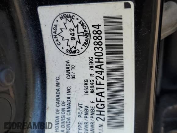 2010 Honda Civic with VIN 2HGFA1F24AH038884, listed as a Copart auction lot 68318905 with Not provided miles and Clean title. Bid and sale history available at DreamBid. Image 12.