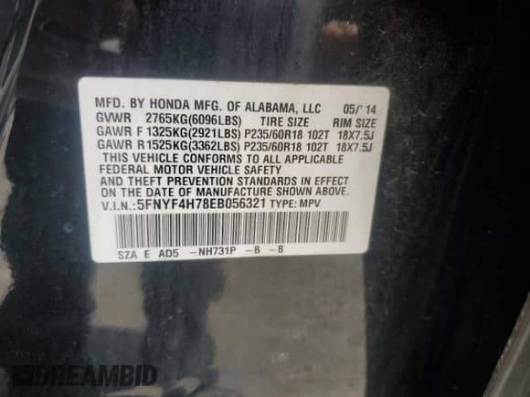 2014 Honda Pilot EX-L with VIN 5FNYF4H78EB056321, listed as a Copart auction lot 63555365 with 122,827 mi miles and Salvage title. Bid and sale history available at DreamBid. Image 13.