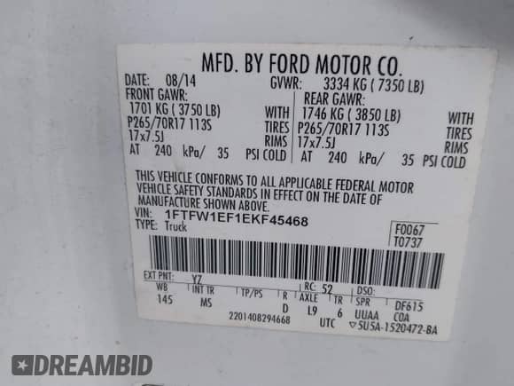 2014 Ford F-150 XL с VIN 1FTFW1EF1EKF45468, выставлен на аукционе IAAI как лот 42998109 с пробегом 206 674 миль миль и . История ставок и продаж доступна на DreamBid. Изображение 9.