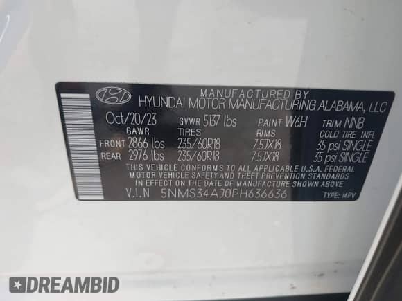 2023 Hyundai Santa Fe SEL with VIN 5NMS34AJ0PH636636, listed as a IAAI auction lot 43206173 with 16,736 mi miles and . Bid and sale history available at DreamBid. Image 9.